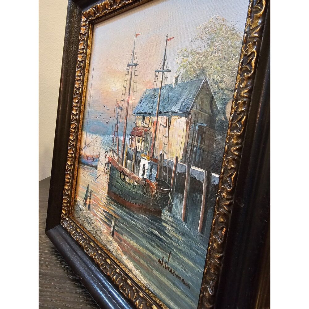 Vintage Mid Century W. Sherman Framed Oil Painting – Harbor Sunset Seascape - Picture 3 of 4